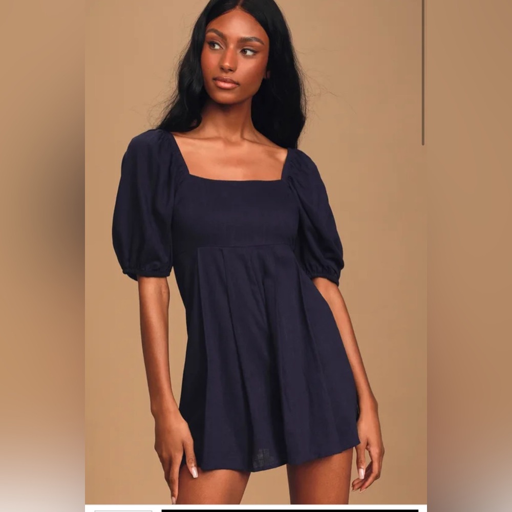 LULUS Sweet and Sunny Navy Blue Puff Sleeve
Pleated Romper